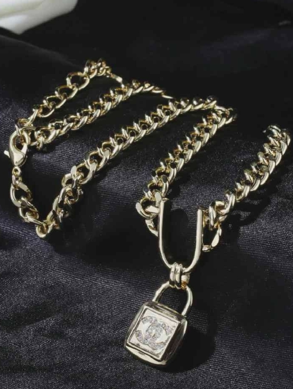 Diamond-Set Padlock Pendant Cuban Link Necklace - Picture 4 of 5